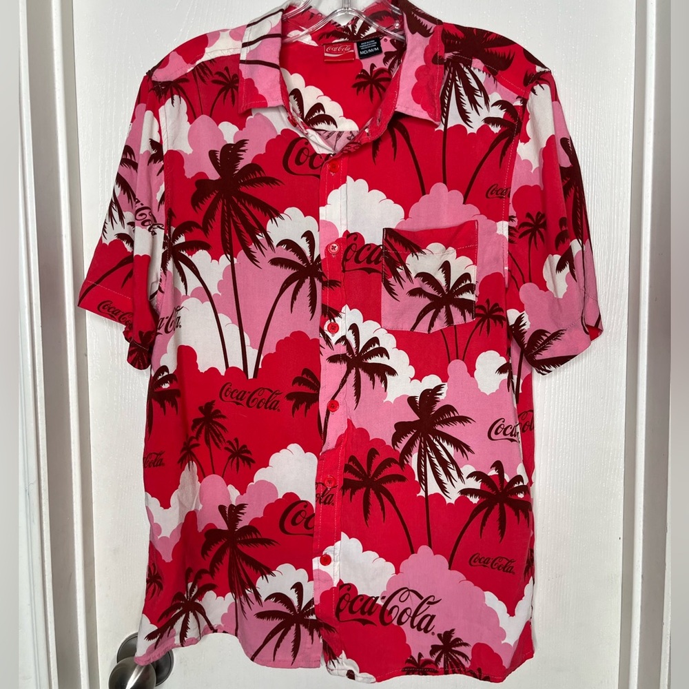 Coca Cola Men's Tropical Red and Pink Shirt Hawaiian Beach